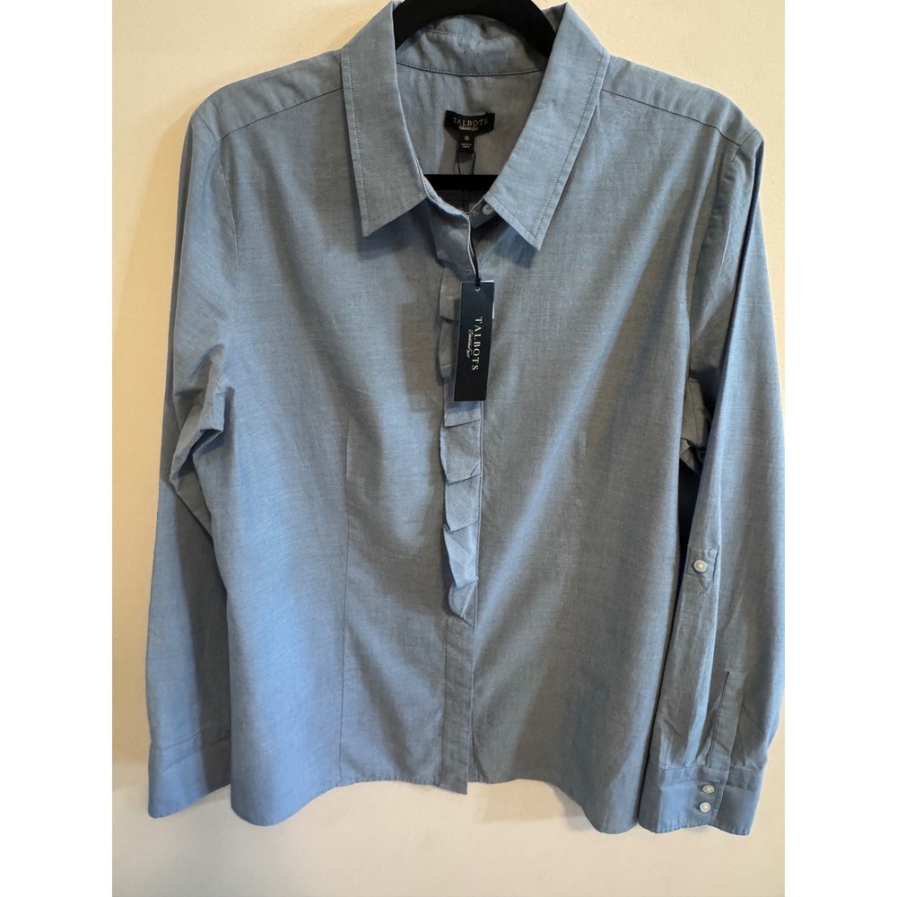 Talbots NWT Blue Ruffle Front Button Down Blouse Feminine Classic Size 16